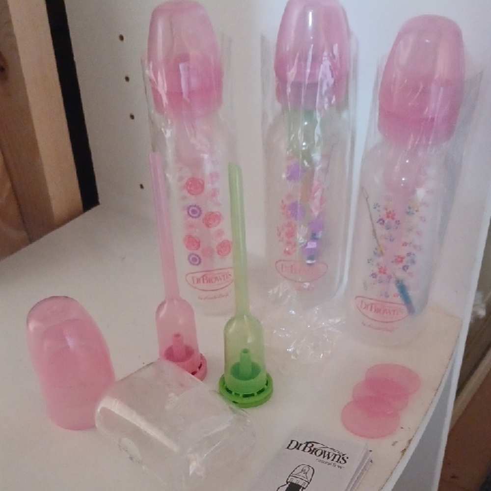 Dr. Brown Anti Colic Pink Floral Baby Bottles (8oz) with Accessories